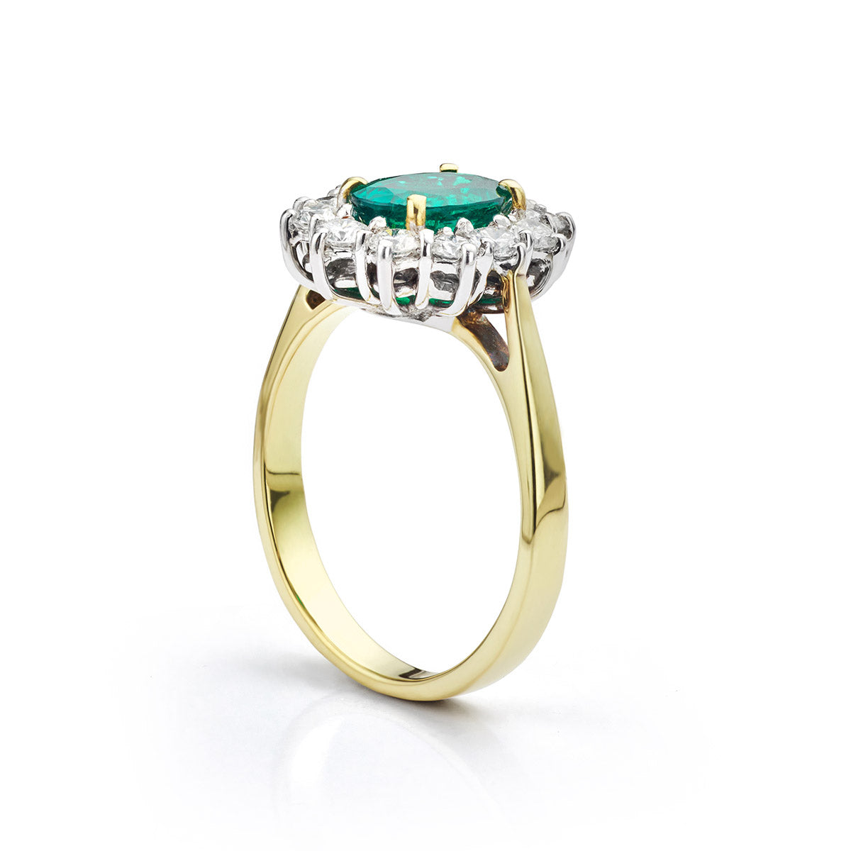 18ct yellow and white gold emerald and diamond oval cluster ring ...