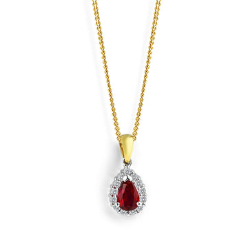 Ruby and Diamond Halo Pear Cut Pendant