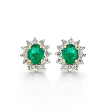 Emerald and Diamond Oval Cluster Earrings