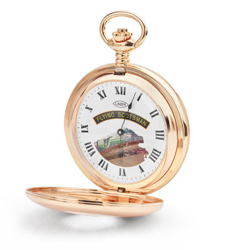 Rose gold plated Limited Edition Flying Scotsman half hunter pocket watch.